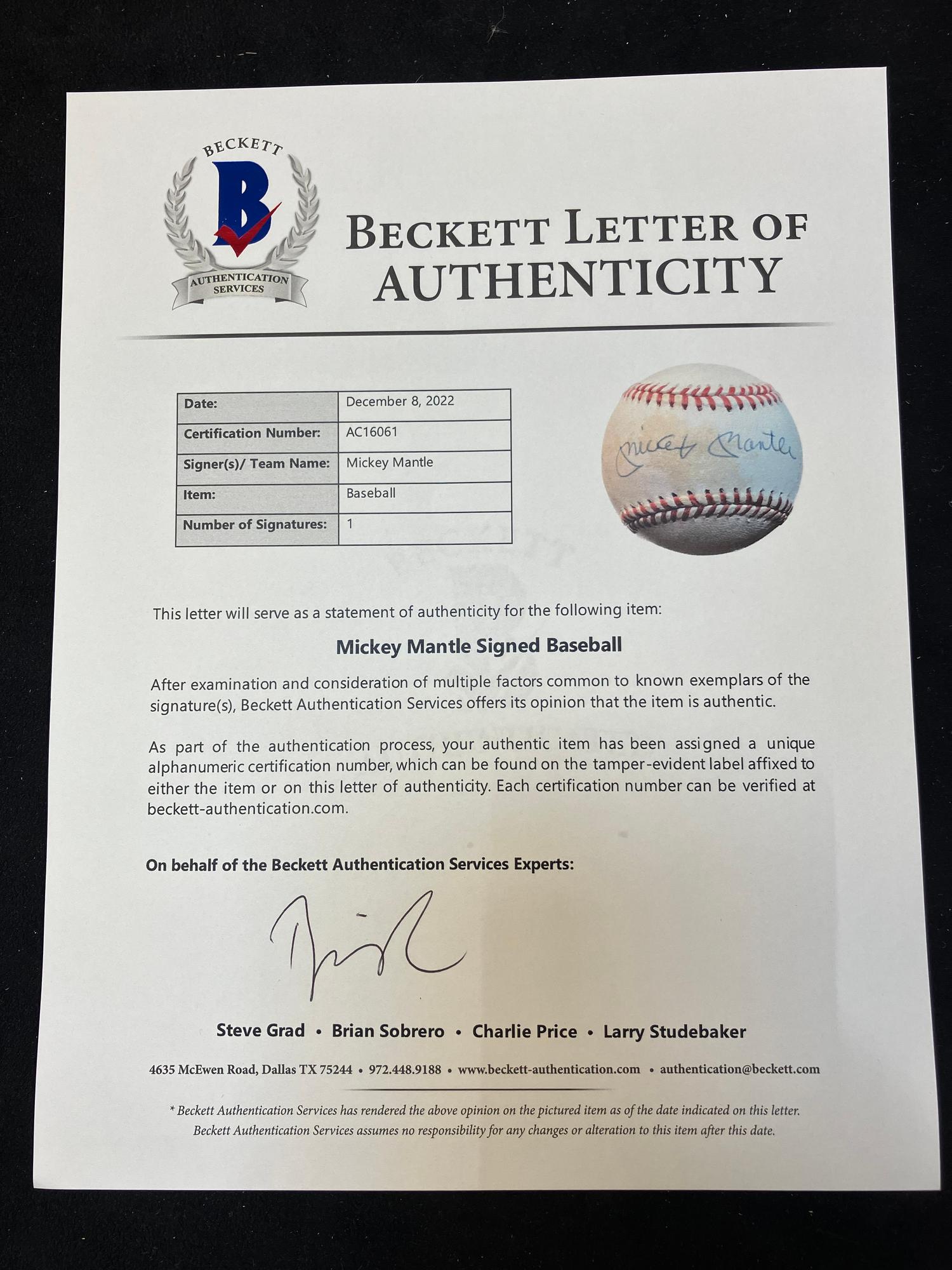 A Mickey Mantle Single Signed Autograph Baseball (Beckett Authentication Services Letter)