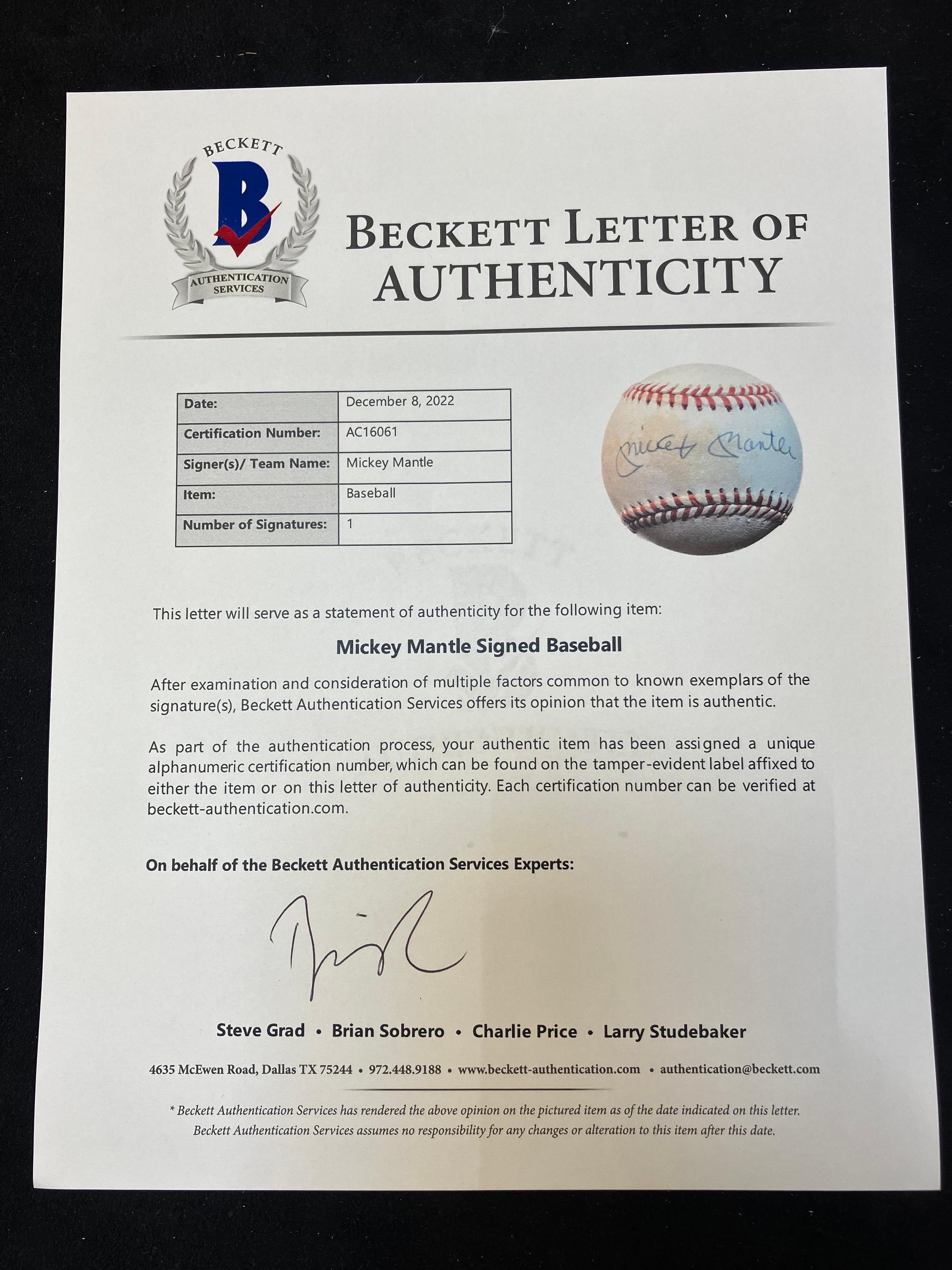 A Mickey Mantle Single Signed Autograph Baseball (Beckett Authentication Services Letter)