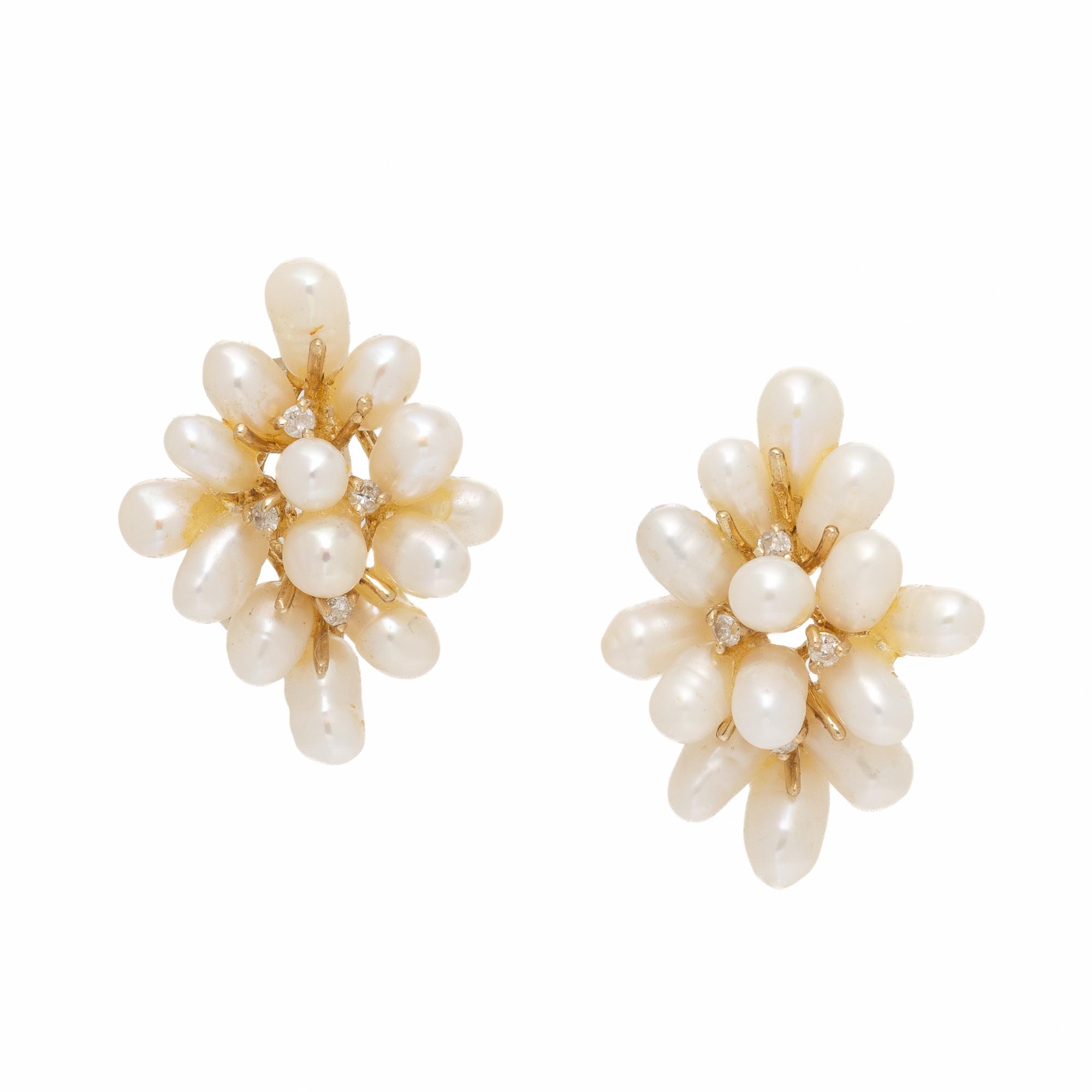 Cultured Pearl, Diamond, and Yellow Gold Cluster Earrings