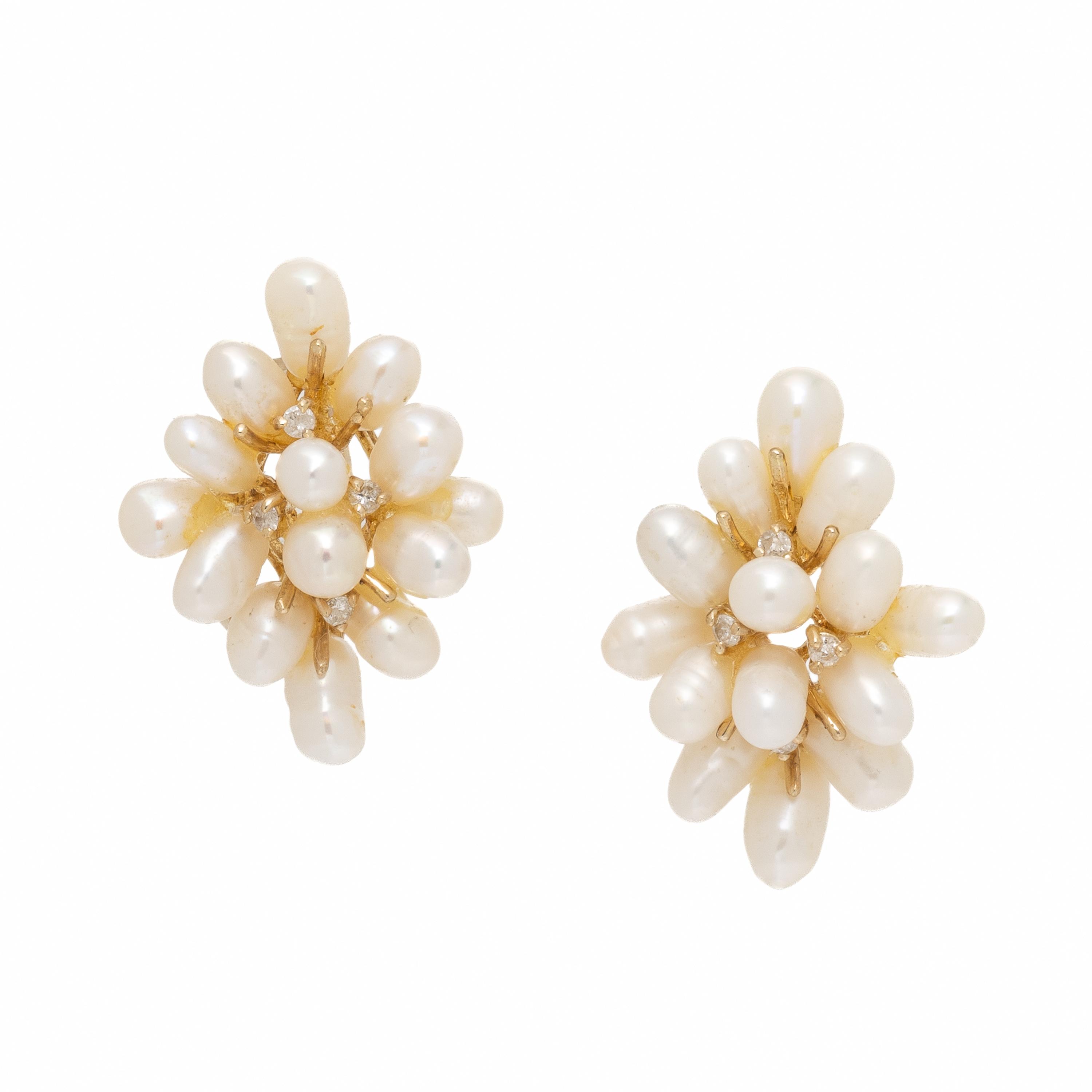 Cultured Pearl, Diamond, and Yellow Gold Cluster Earrings