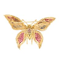 DIAMOND, SYNTHETIC RUBY, AND SYNTHETIC SAPPHIRE ARTICULATED BUTTERFLY BROOCH