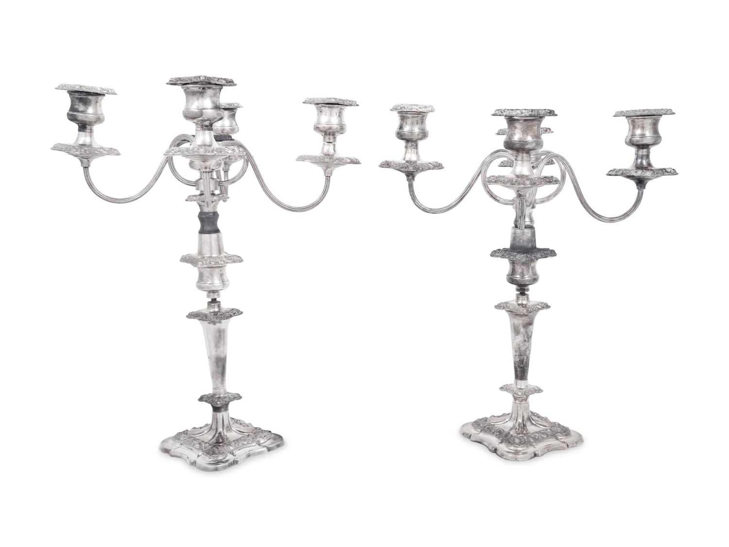 A Pair of English Silver-Plate Convertible Four-Light Candelabra