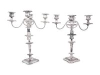 A Pair of English Silver-Plate Convertible Four-Light Candelabra
