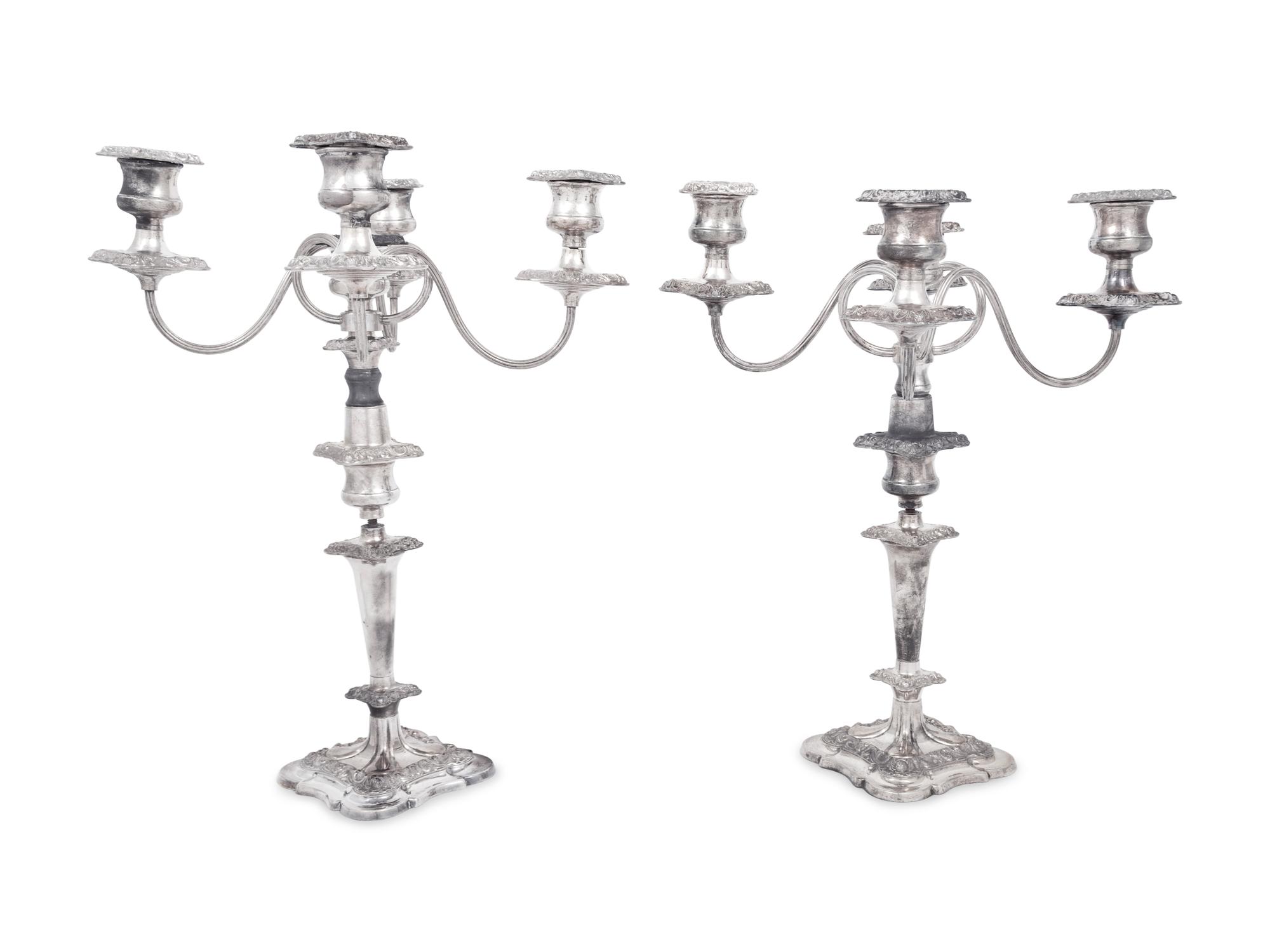 A Pair of English Silver-Plate Convertible Four-Light Candelabra