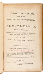 [FRANKLIN, Benjamin (1706-1790)] -- [JACKSON, Richard]. An Historical Review of the Constitution and Government of Pensylvania [sic], from its Origin . London: R. Griffiths, 1759.