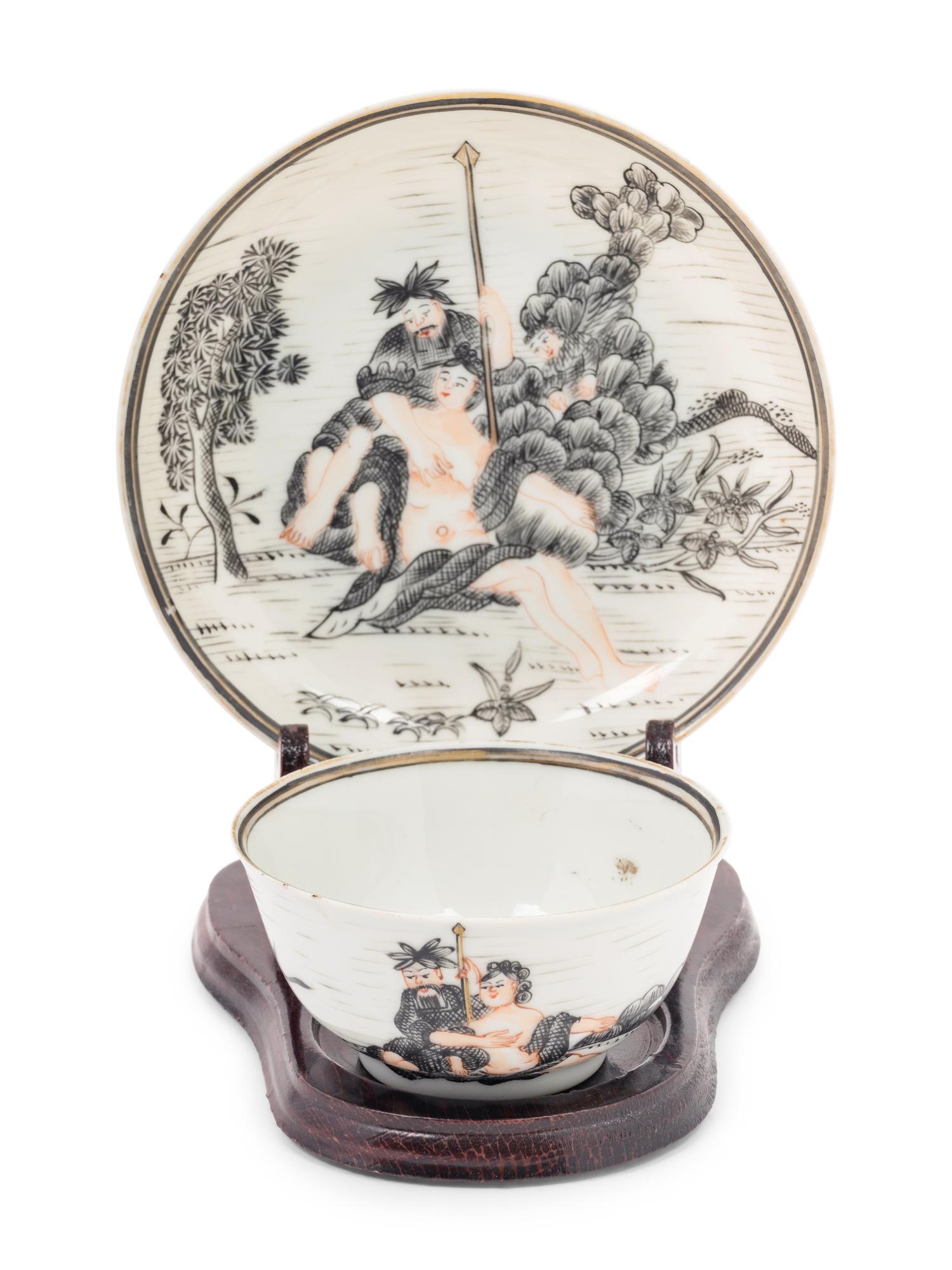 A Chinese Export 'Jesuit' En Grisaille Porcelain Teacup and Saucer