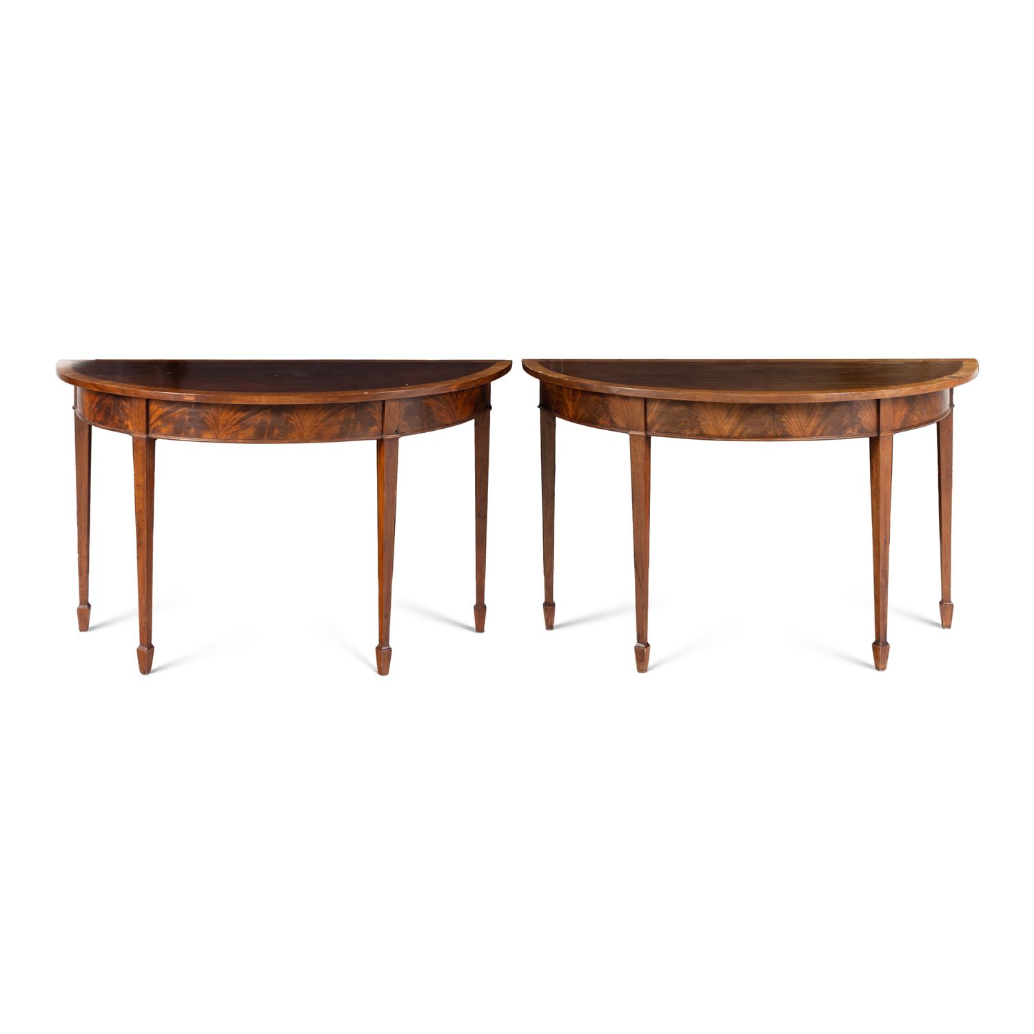 A Pair of George III Satinwood and Mahogany Demilune Console Tables