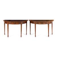 A Pair of George III Satinwood and Mahogany Demilune Console Tables