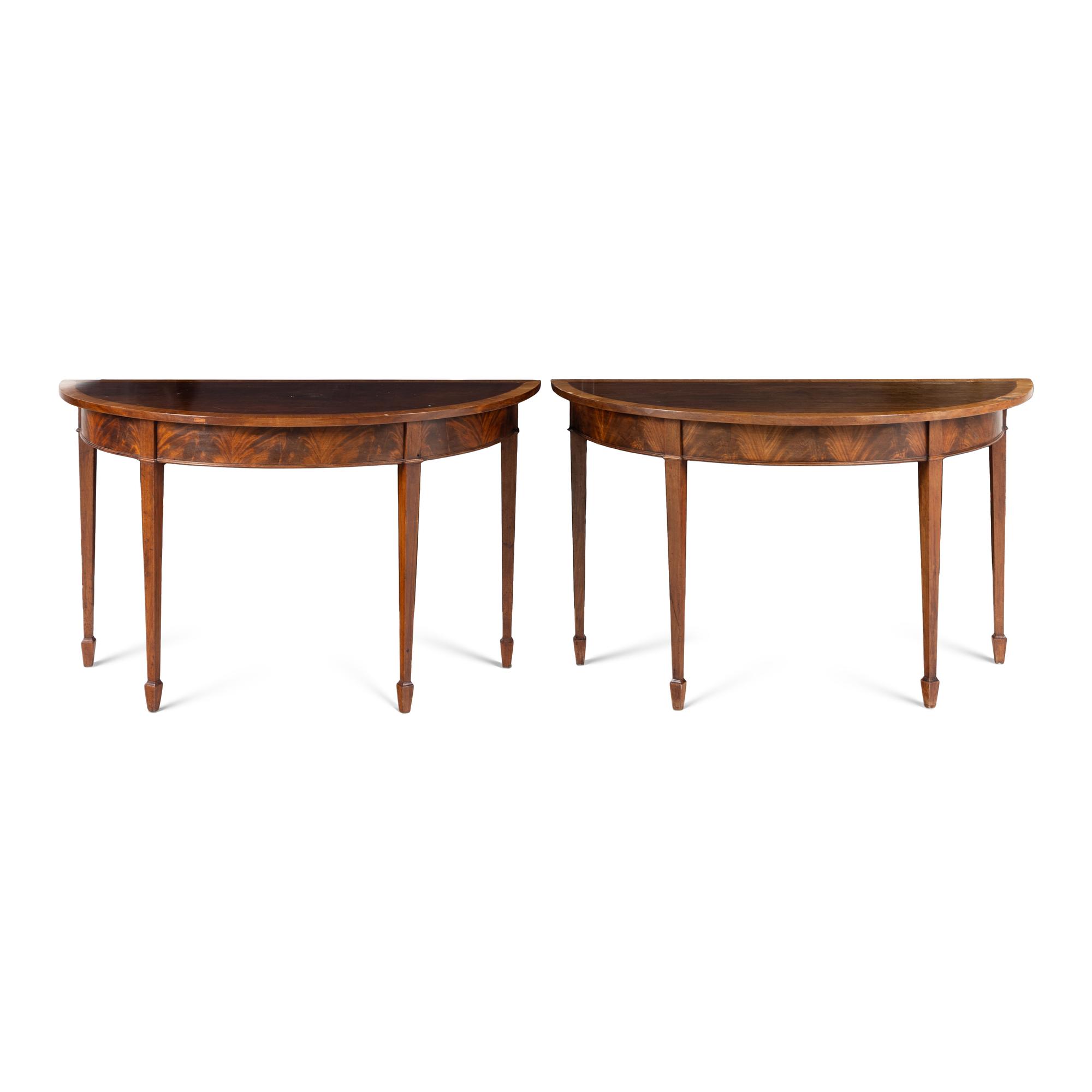 A Pair of George III Satinwood and Mahogany Demilune Console Tables