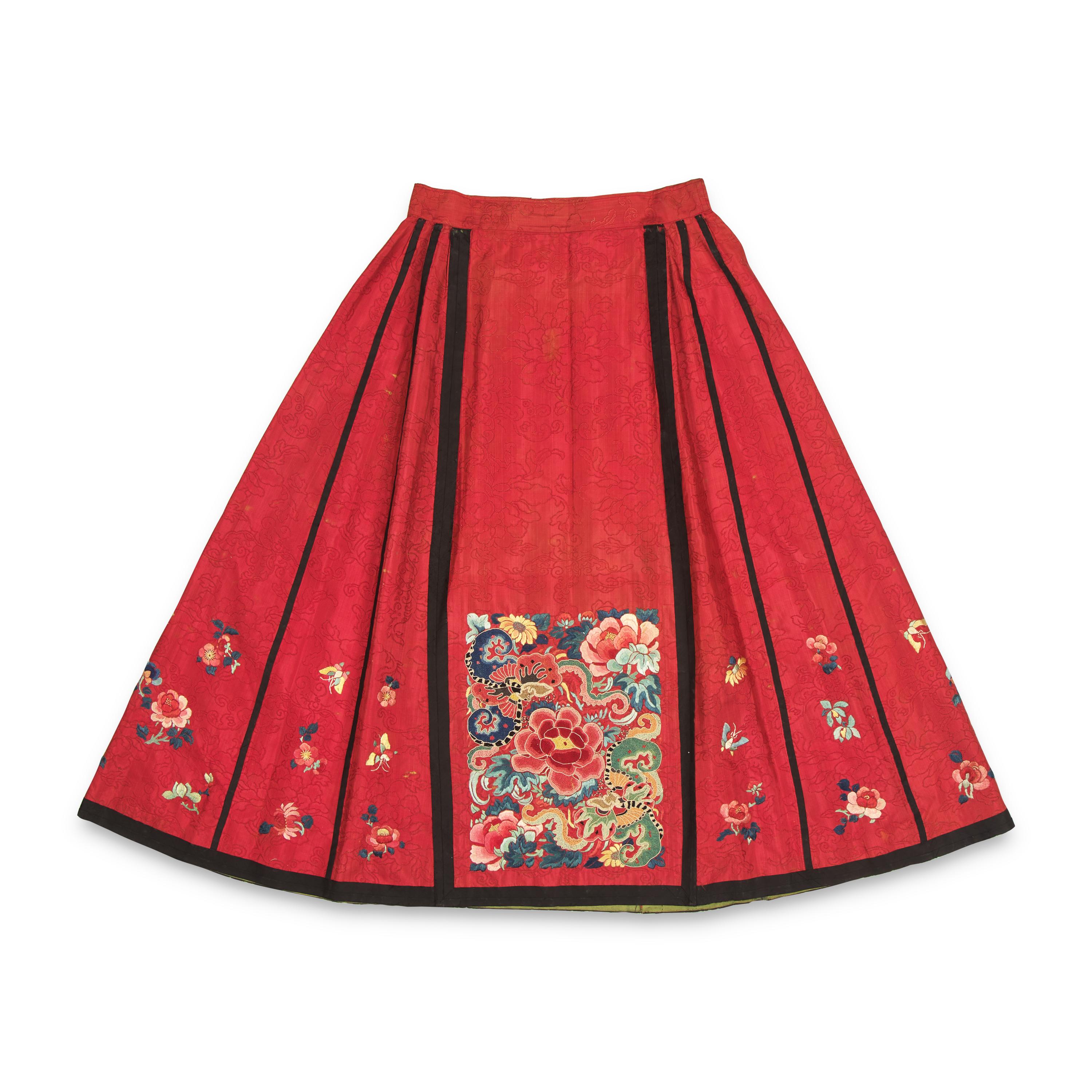 Two Chinese Silk 'Apron' Skirts and a Set of Skirt Ornaments, 19th-Early 20th Century 馬面裙兩件及裙飾一套