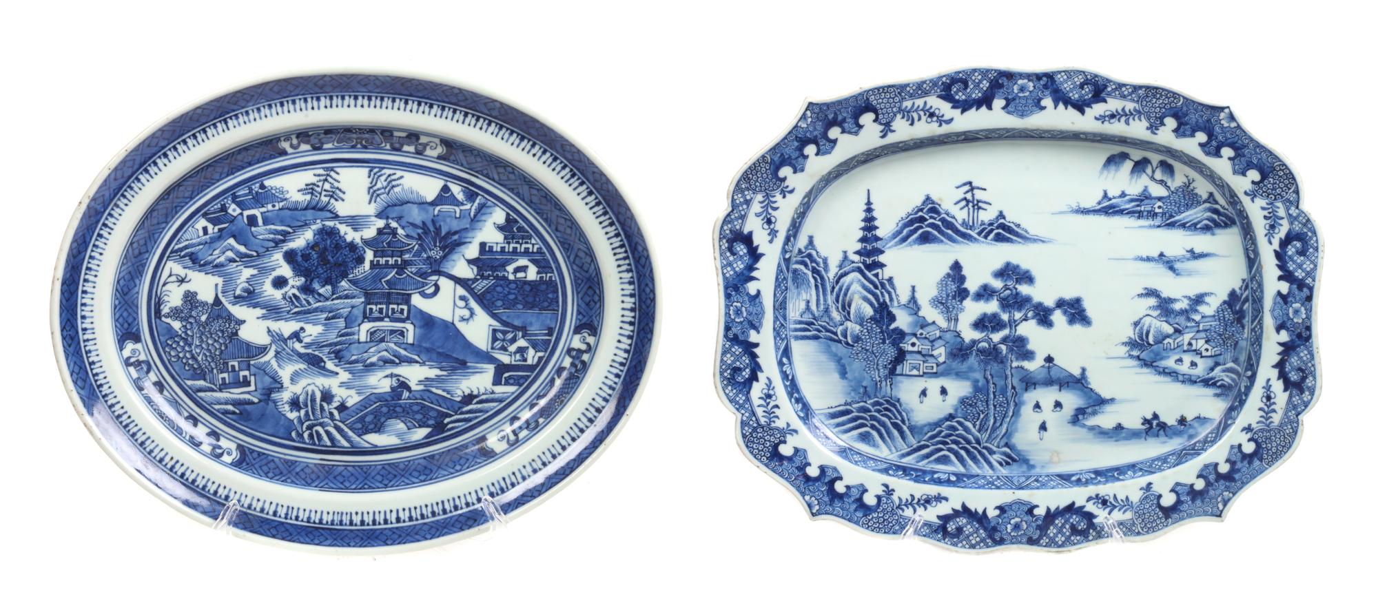 Two Chinese Export Blue and White Platters Lengthh of larger 18 inches. — 18TH CENTURY
