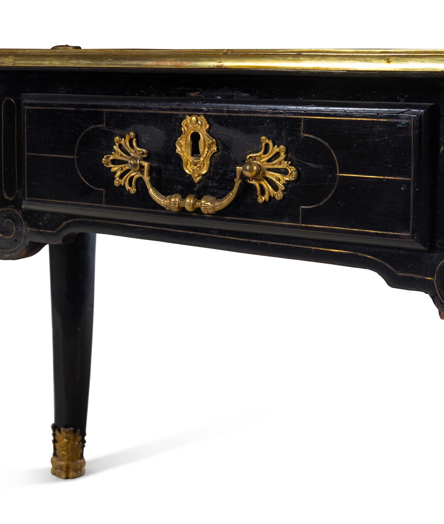 A Louis XV Gilt Bronze Mounted Brass Inlaid Ebonized Bureau Plat