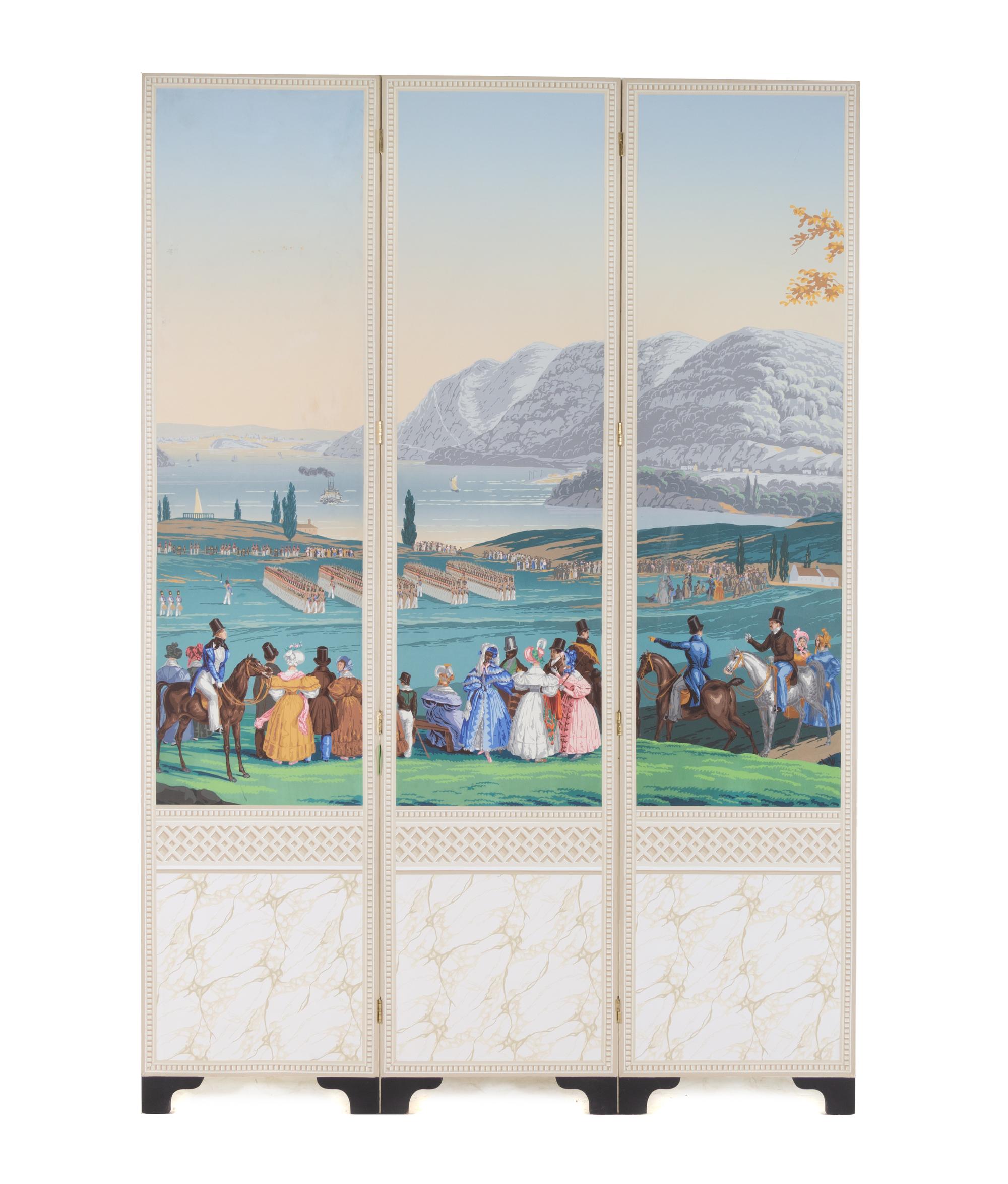 A Set of Three Jean Zuber et Cie Les Vues d'Amérique du Nord Wallpaper Panels Mounted to a Three-Panel Floor Screen