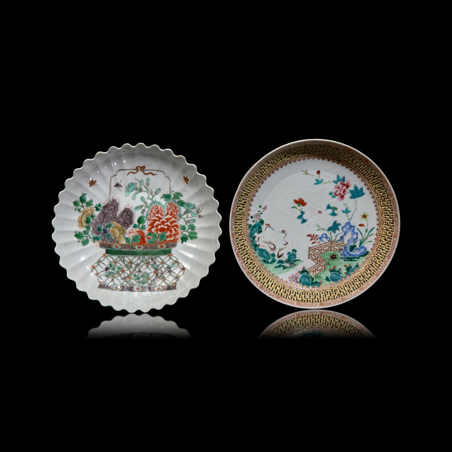 Two Chinese Porcelain Dishes, Kangxi-Qianlong Period 清康熙至乾隆 鏤雕粉彩竹菊盤及五彩菊瓣盤