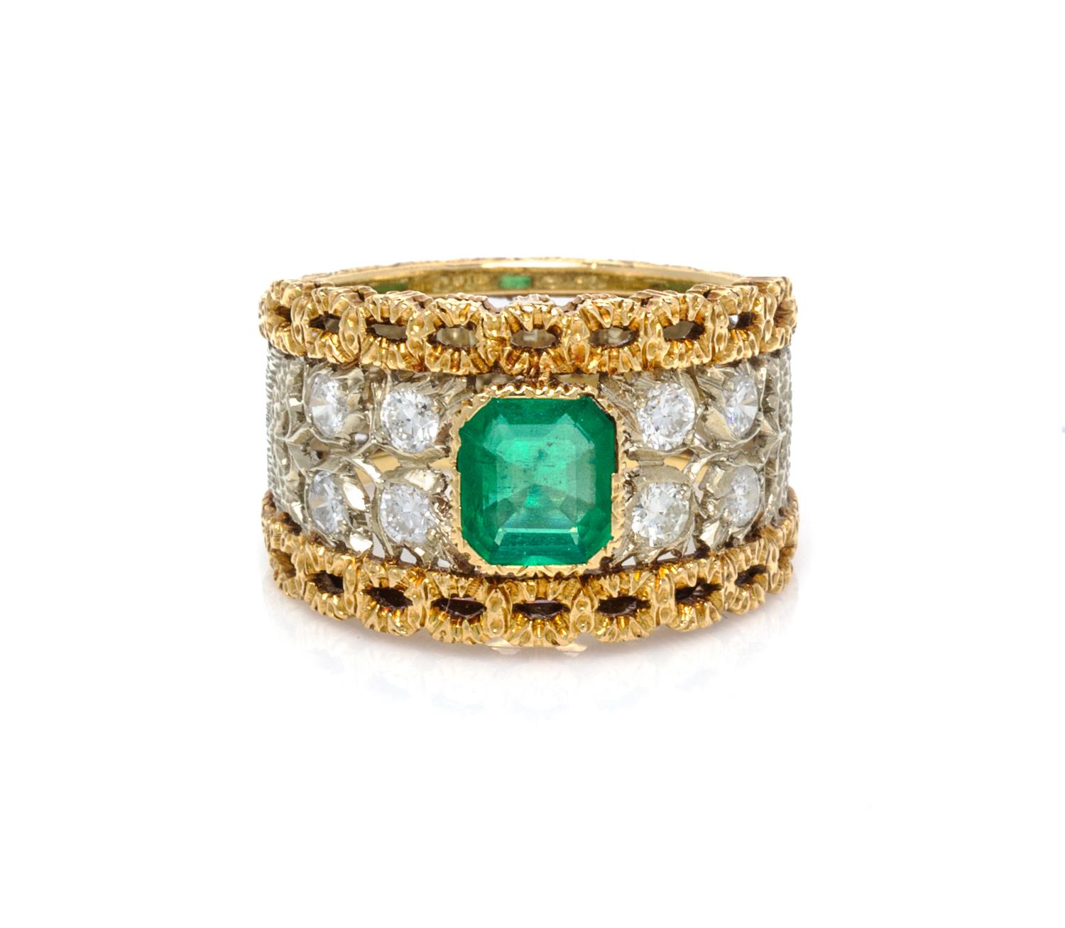 An 18 Karat Two Tone Gold, Emerald and Diamond Ring, Buccellati, 4.70 dwts.