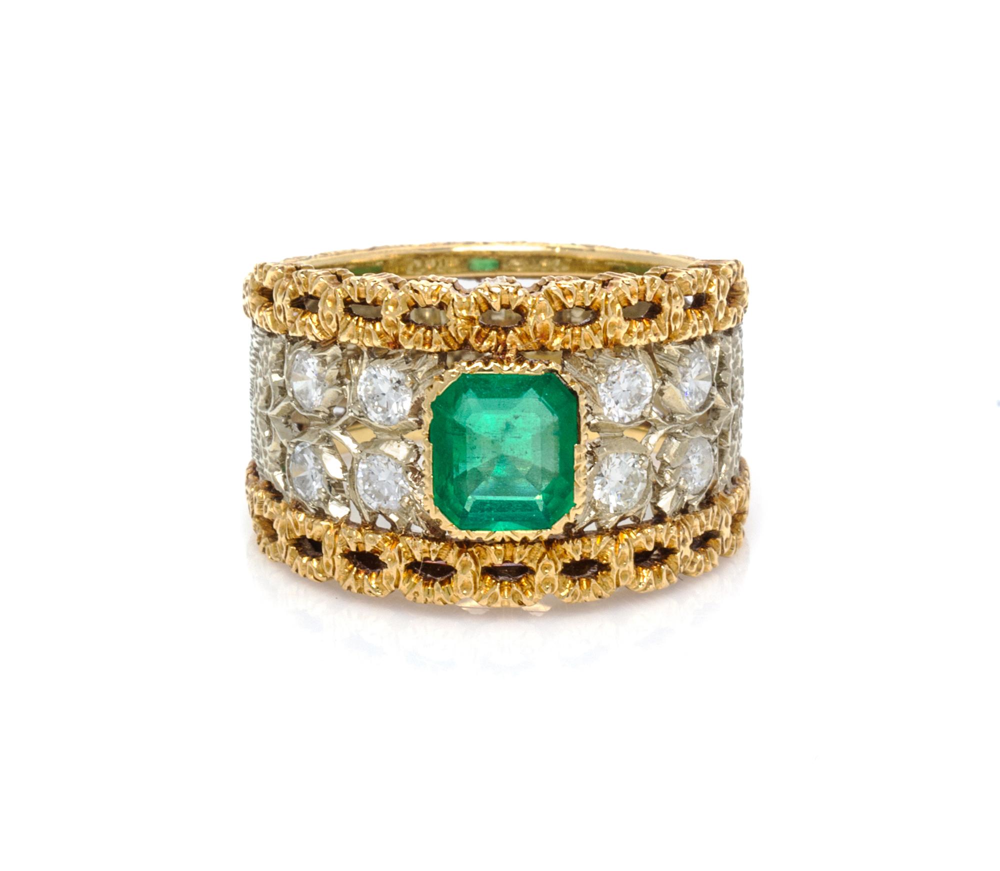An 18 Karat Two Tone Gold, Emerald and Diamond Ring, Buccellati, 4.70 dwts.