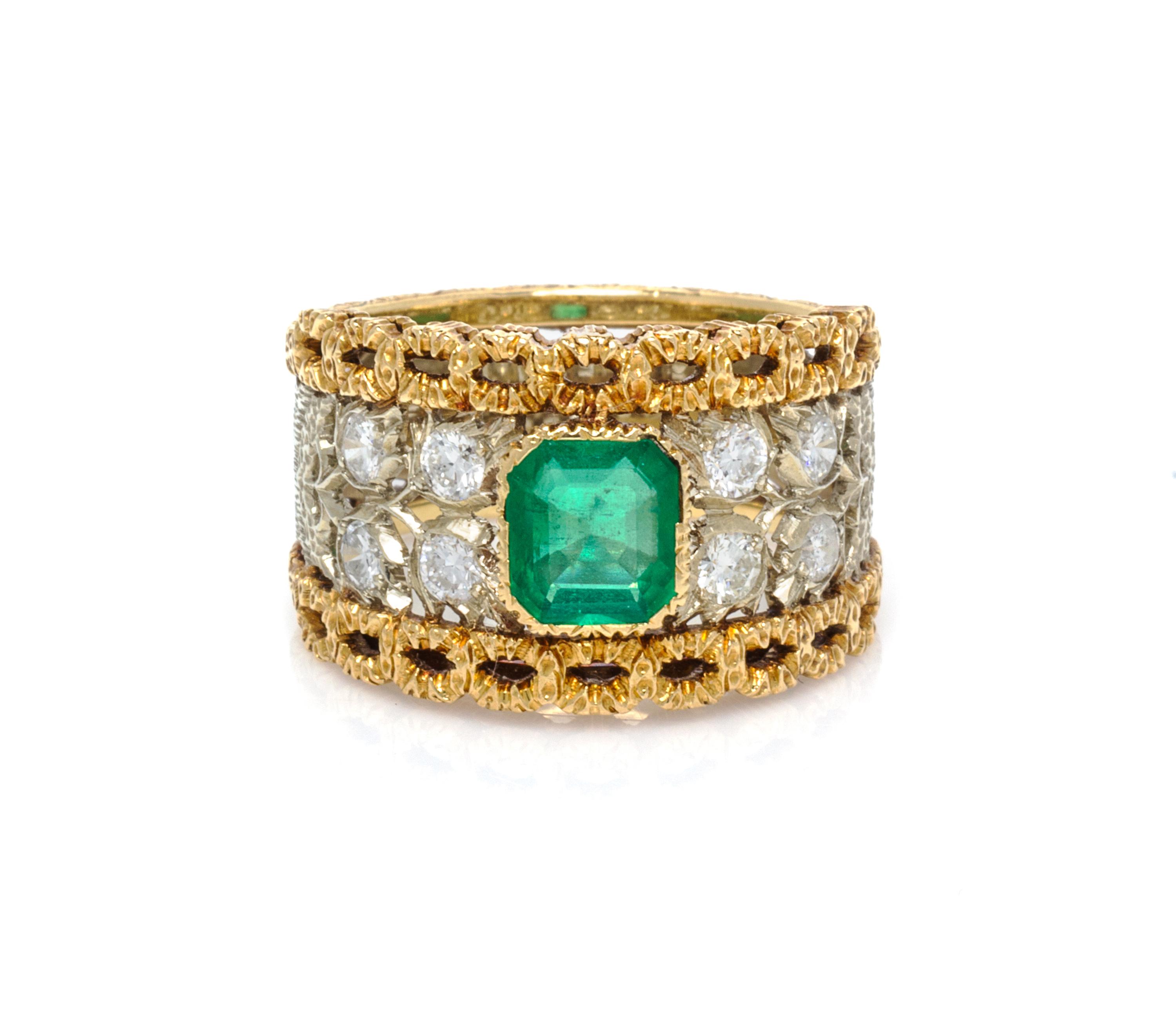 An 18 Karat Two Tone Gold, Emerald and Diamond Ring, Buccellati, 4.70 dwts.
