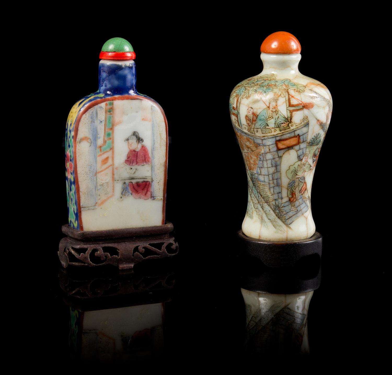 Two Famille Rose Porcelain Snuff Bottles LIKELY 19TH CENTURY Height of taller 3 3/4 inches (with stand). — LIKELY 19TH CENTURY