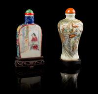 Two Famille Rose Porcelain Snuff Bottles LIKELY 19TH CENTURY Height of taller 3 3/4 inches (with stand). — LIKELY 19TH CENTURY