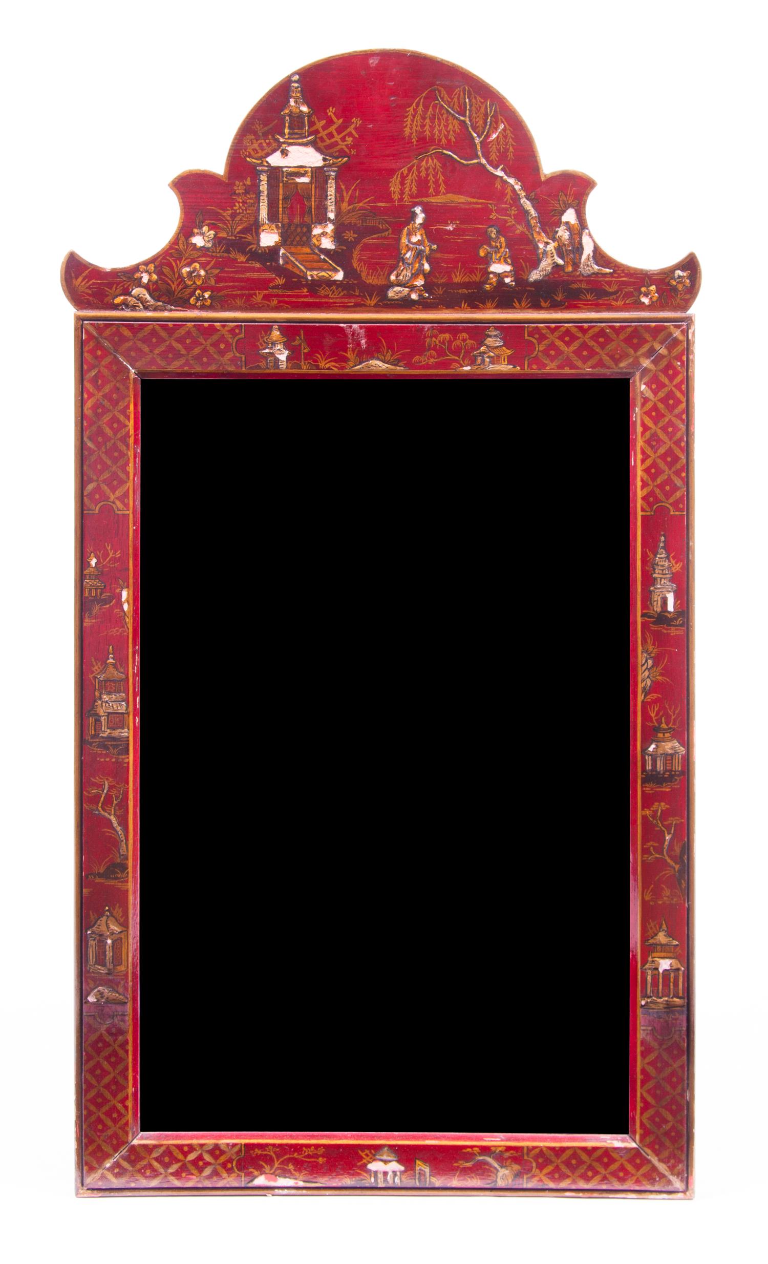 A Georgian Style Red Lacquered Mirror Height 32 x width 18 inches.