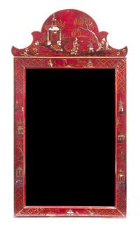 A Georgian Style Red Lacquered Mirror Height 32 x width 18 inches.