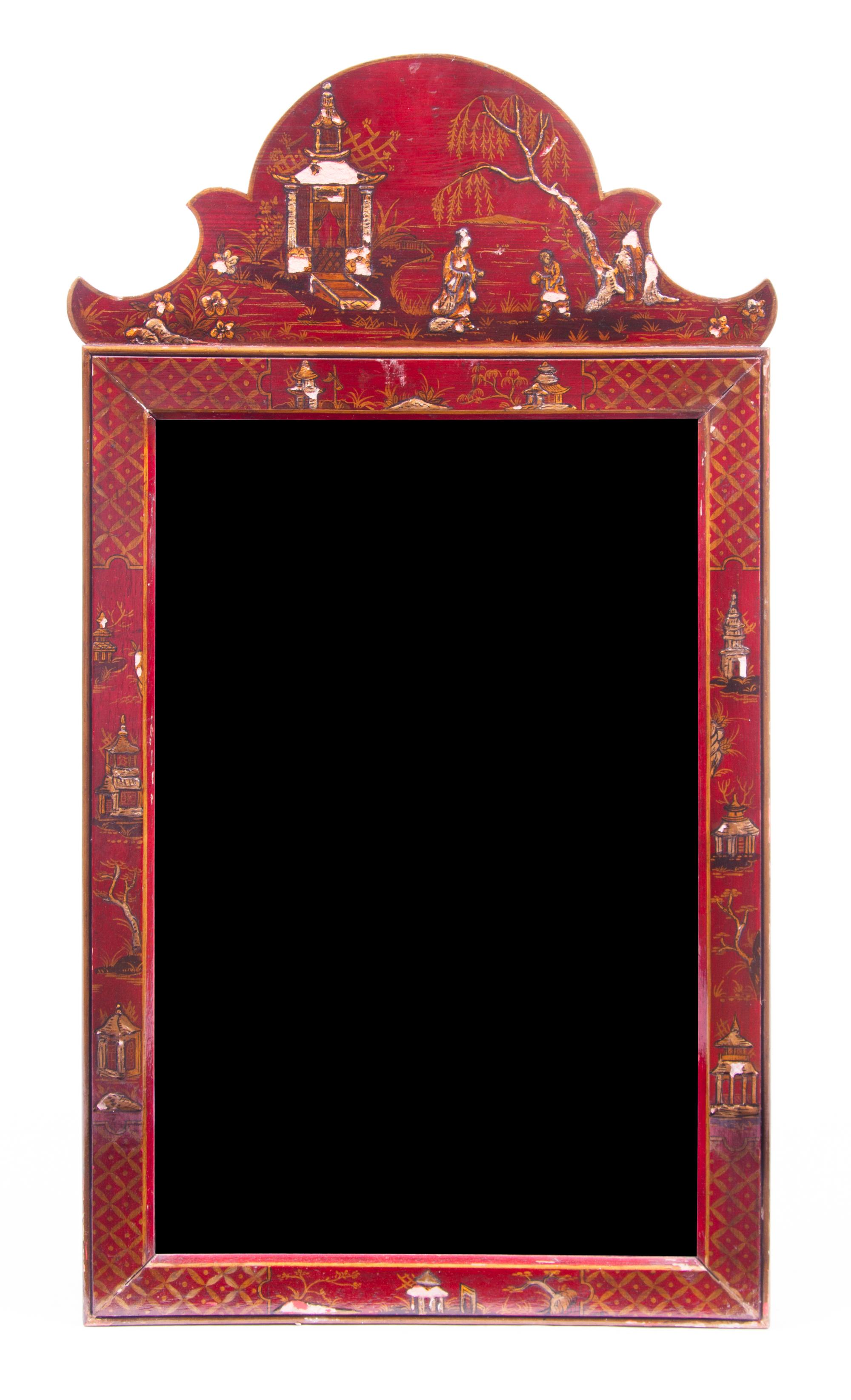 A Georgian Style Red Lacquered Mirror Height 32 x width 18 inches.
