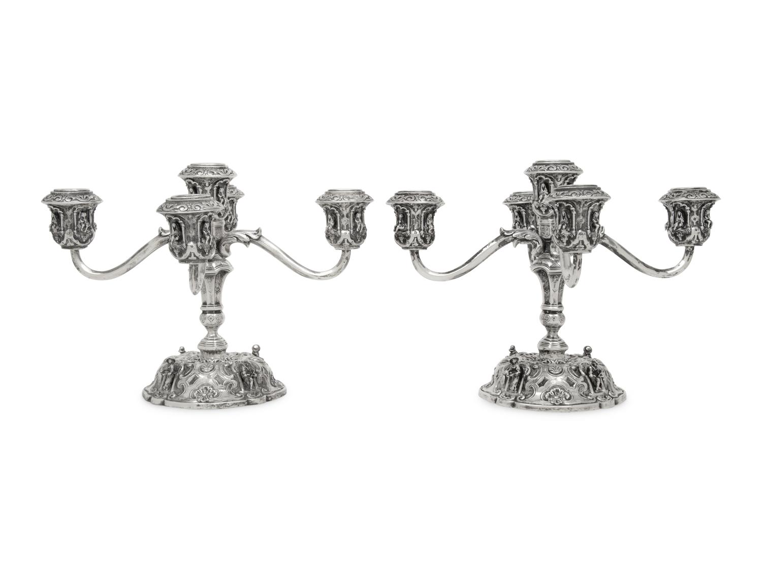 A Pair of German Silver Five-Light Candelabra