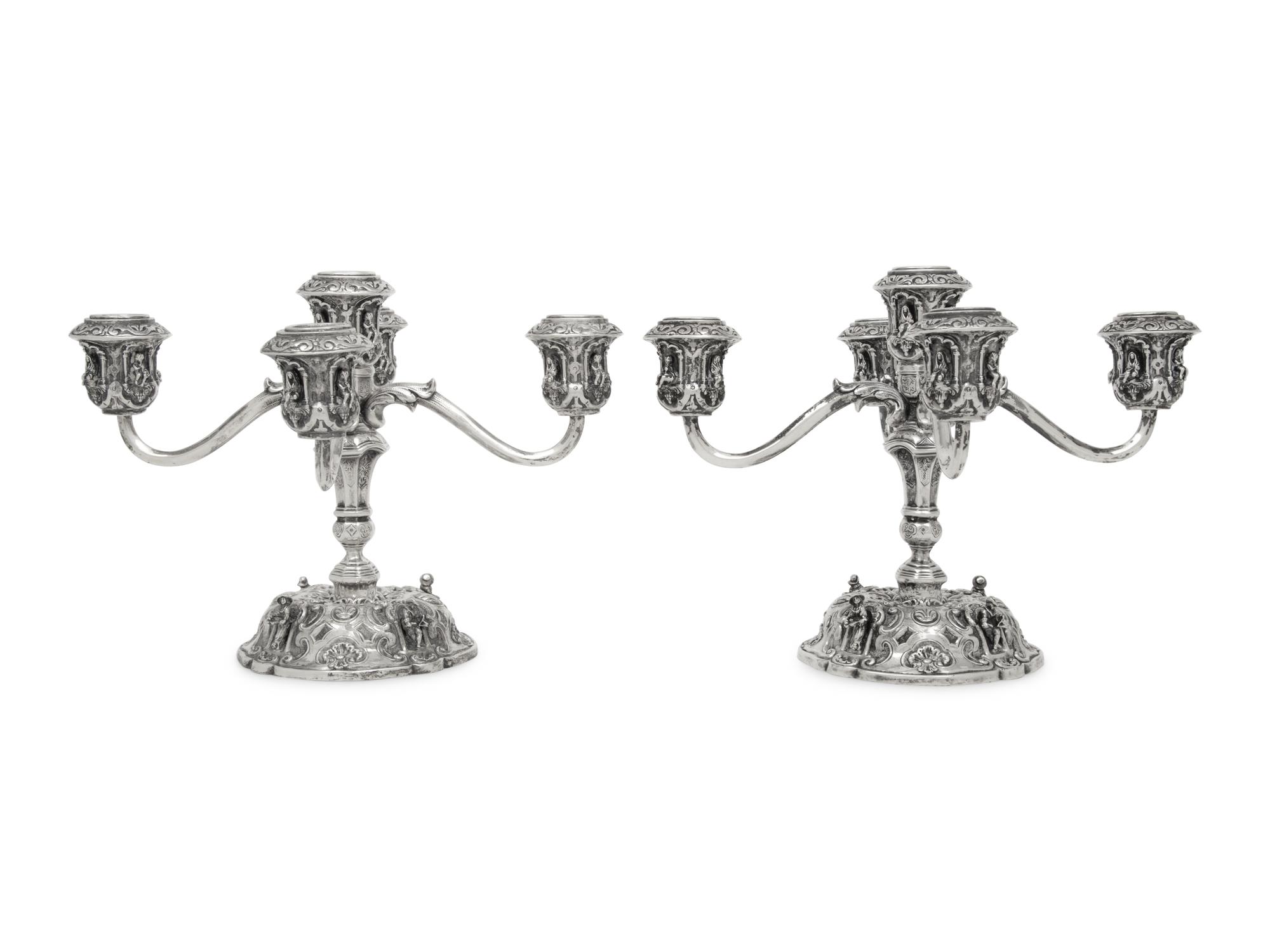 A Pair of German Silver Five-Light Candelabra