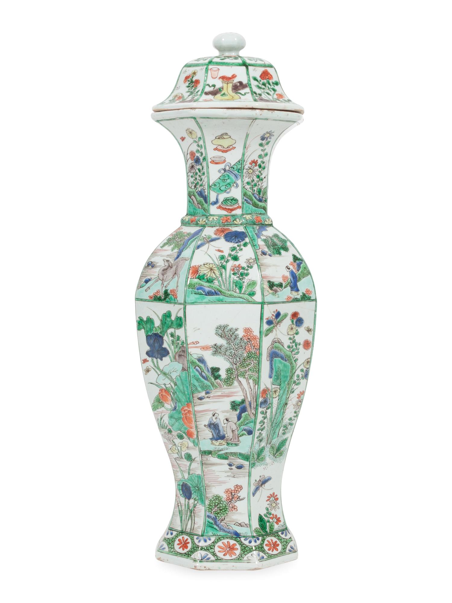 A Chinese Famille Verte Hexagonal Porcelain Covered Vase