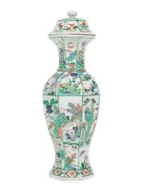 A Chinese Famille Verte Hexagonal Porcelain Covered Vase