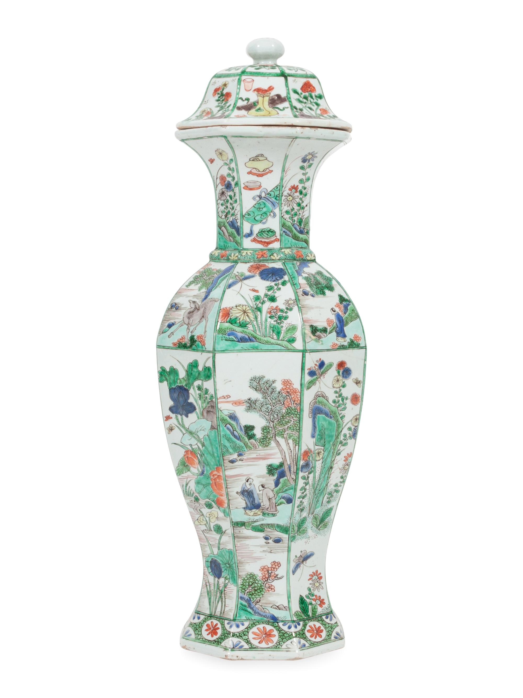 A Chinese Famille Verte Hexagonal Porcelain Covered Vase