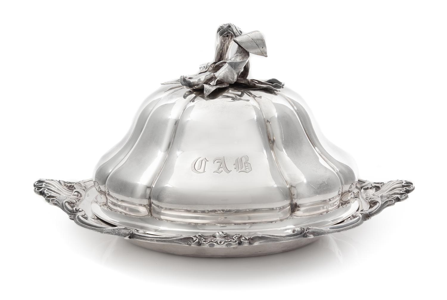 A Victorian Silver Covered Dish, John Samuel Hunt, London, 1850, the domed lid topped with a pepper-form handle, the underplate's rim w