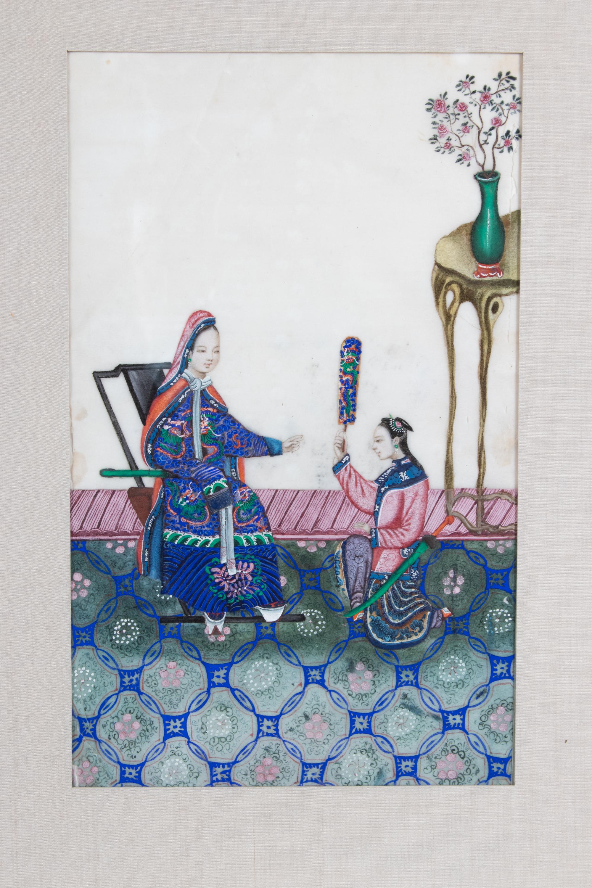 A Set of Three Chinese Export Paintings on Pith Paper, Depicting Court Scenes