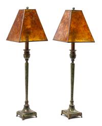 A Pair of Bronze Patina Metal Candlestick-Form Table Lamps Height 23 inches. — 20TH CENTURY