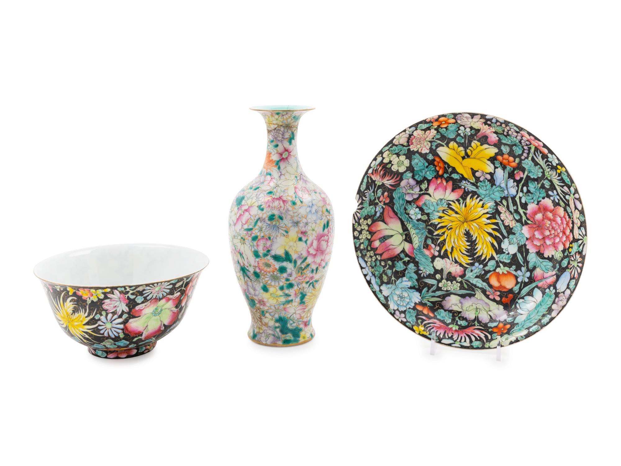 Three Chinese Famille Rose Porcelain 'Millefleur' Articles