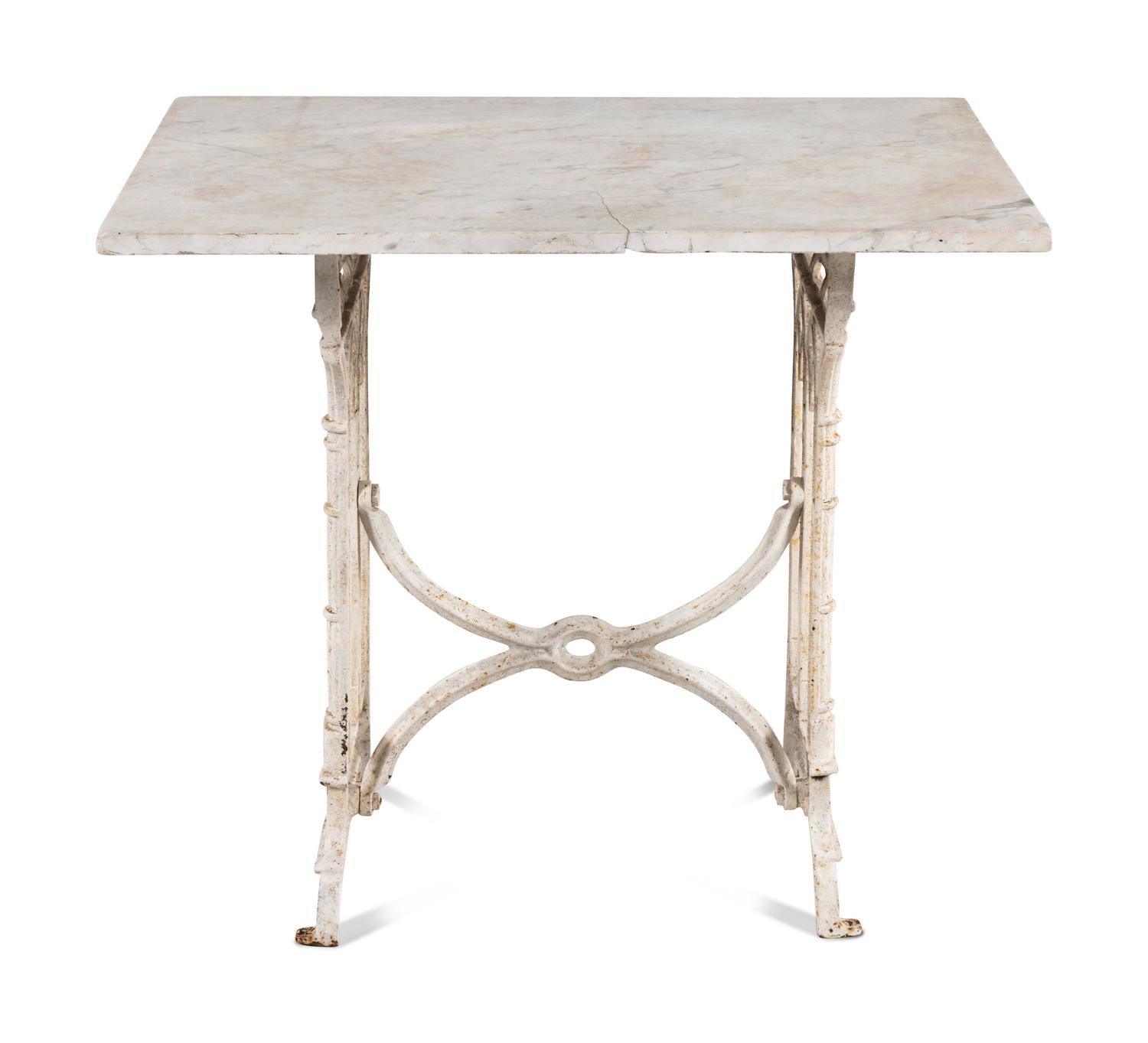 A Continental Gothic Style Painted Cast Iron Marble-Top Garden Table