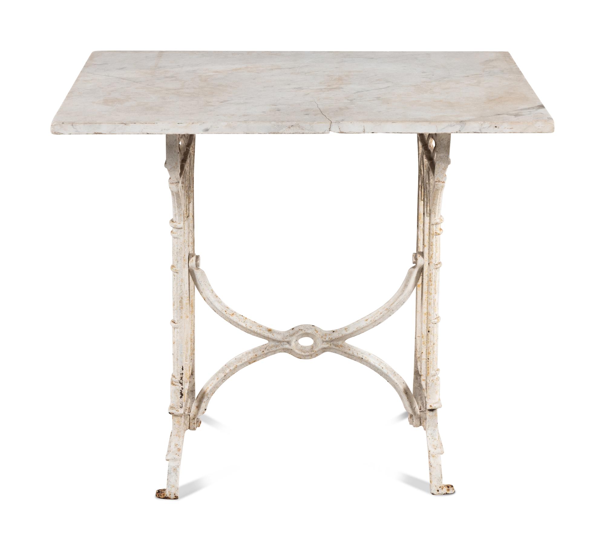 A Continental Gothic Style Painted Cast Iron Marble-Top Garden Table