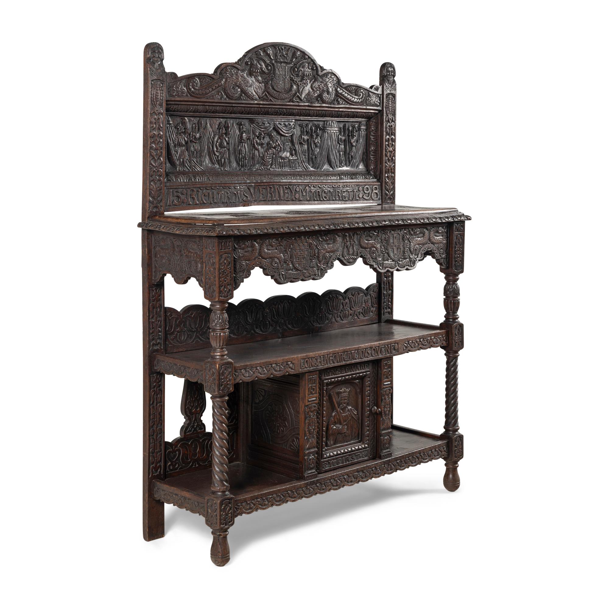 An Elizabethan Style Carved Oak Three-Tier Server