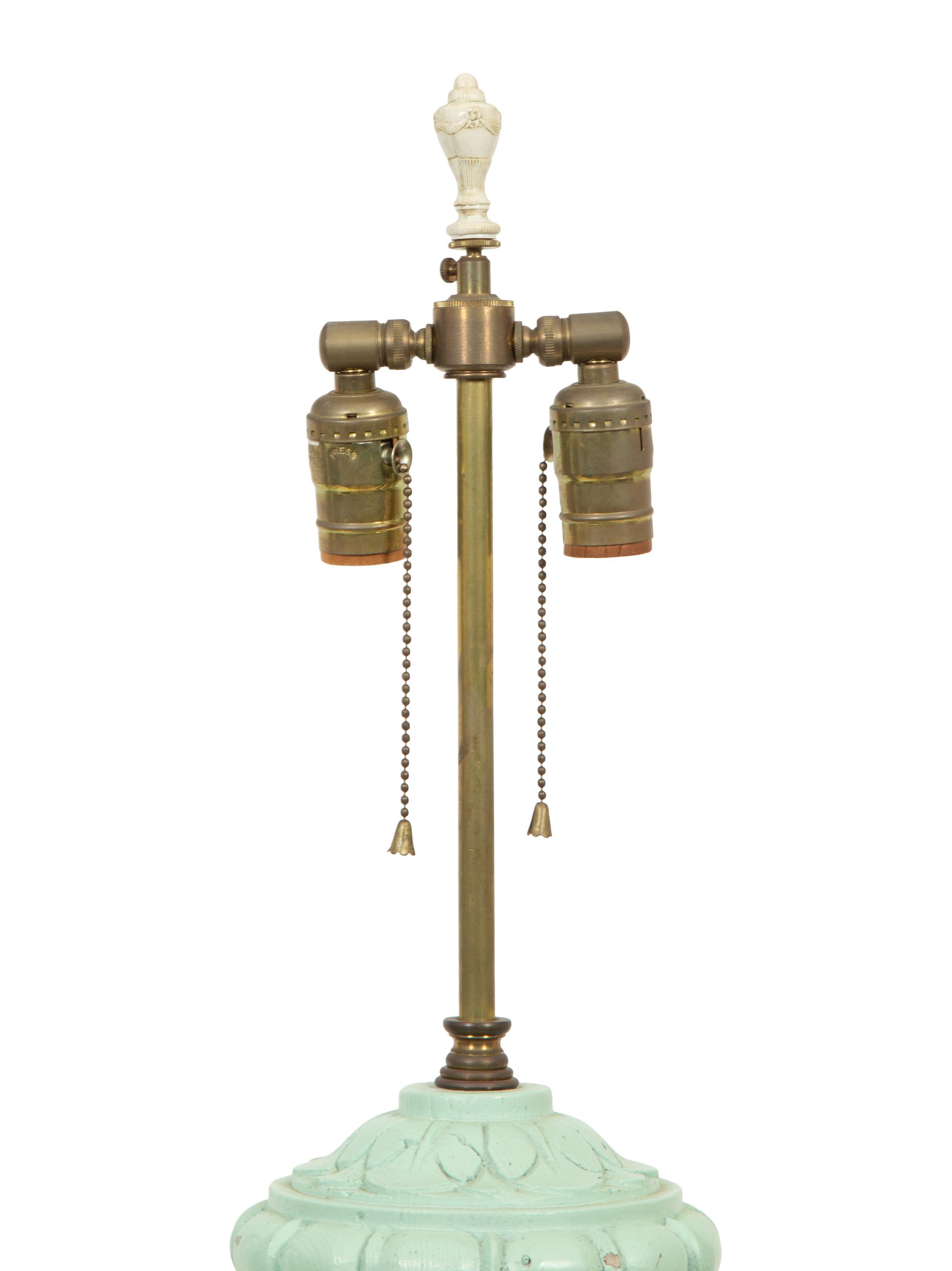 A Green-Painted Ceramic Finial Mounted as a Lamp