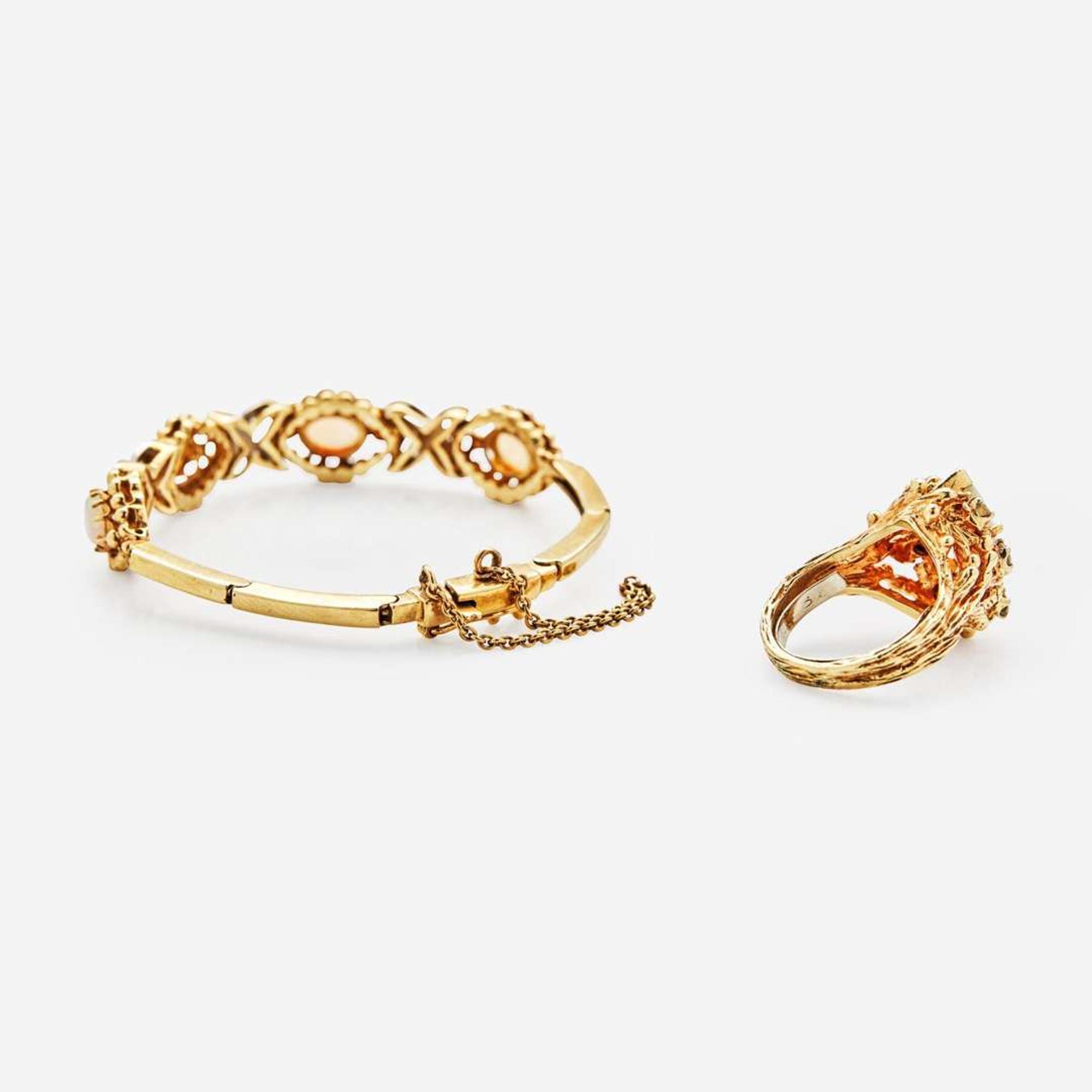 A Set of 14K Yellow Gold, Opal, and Diamond Bracelet and Ring