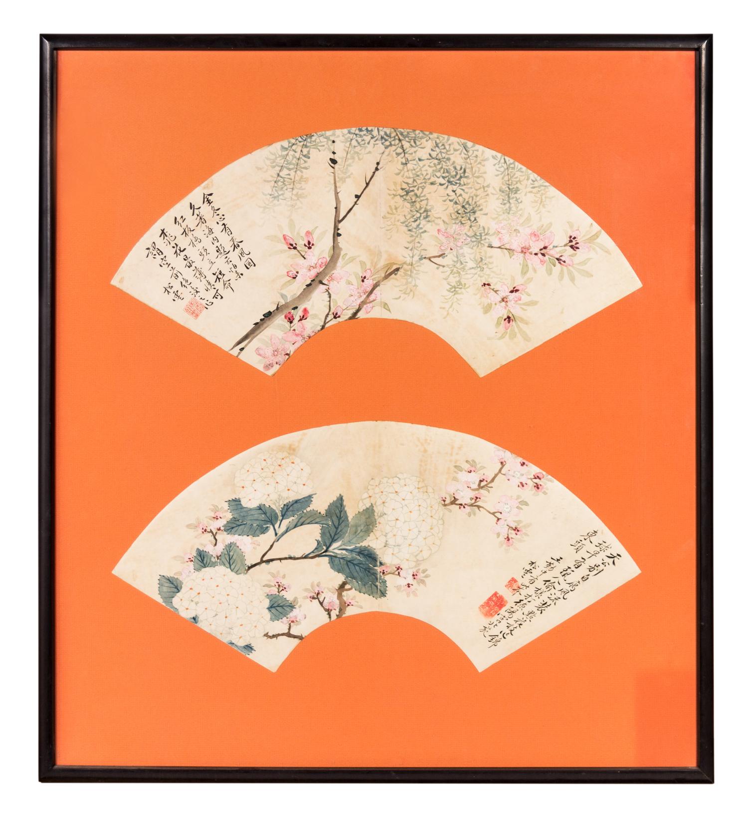 Two Ink and Color Painting on Paper Fans, , the first depicting prunus underneath willow branches, the second showing hydrangea amongst