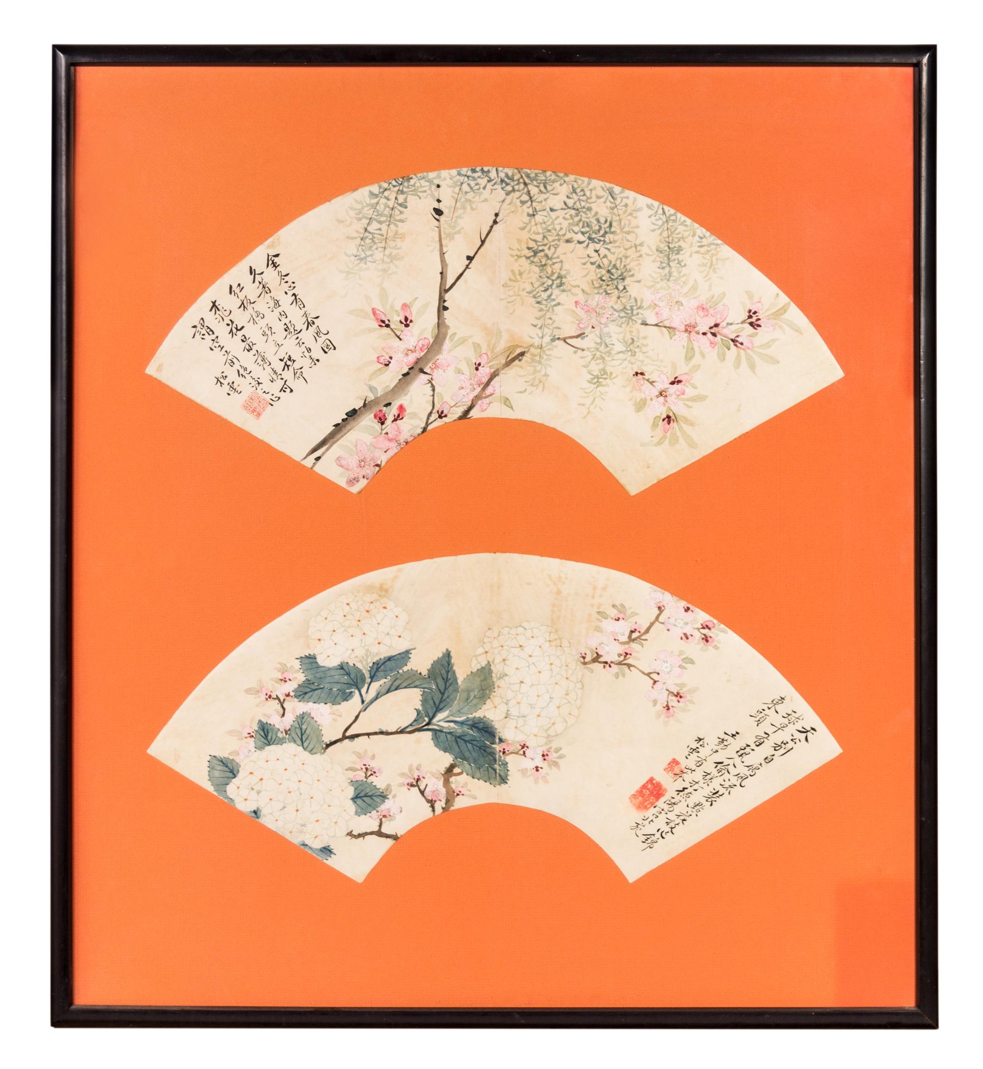 Two Ink and Color Painting on Paper Fans, , the first depicting prunus underneath willow branches, the second showing hydrangea amongst