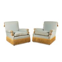 A Pair of Silk-Upholstered Easy Chairs with Buillon Fringe