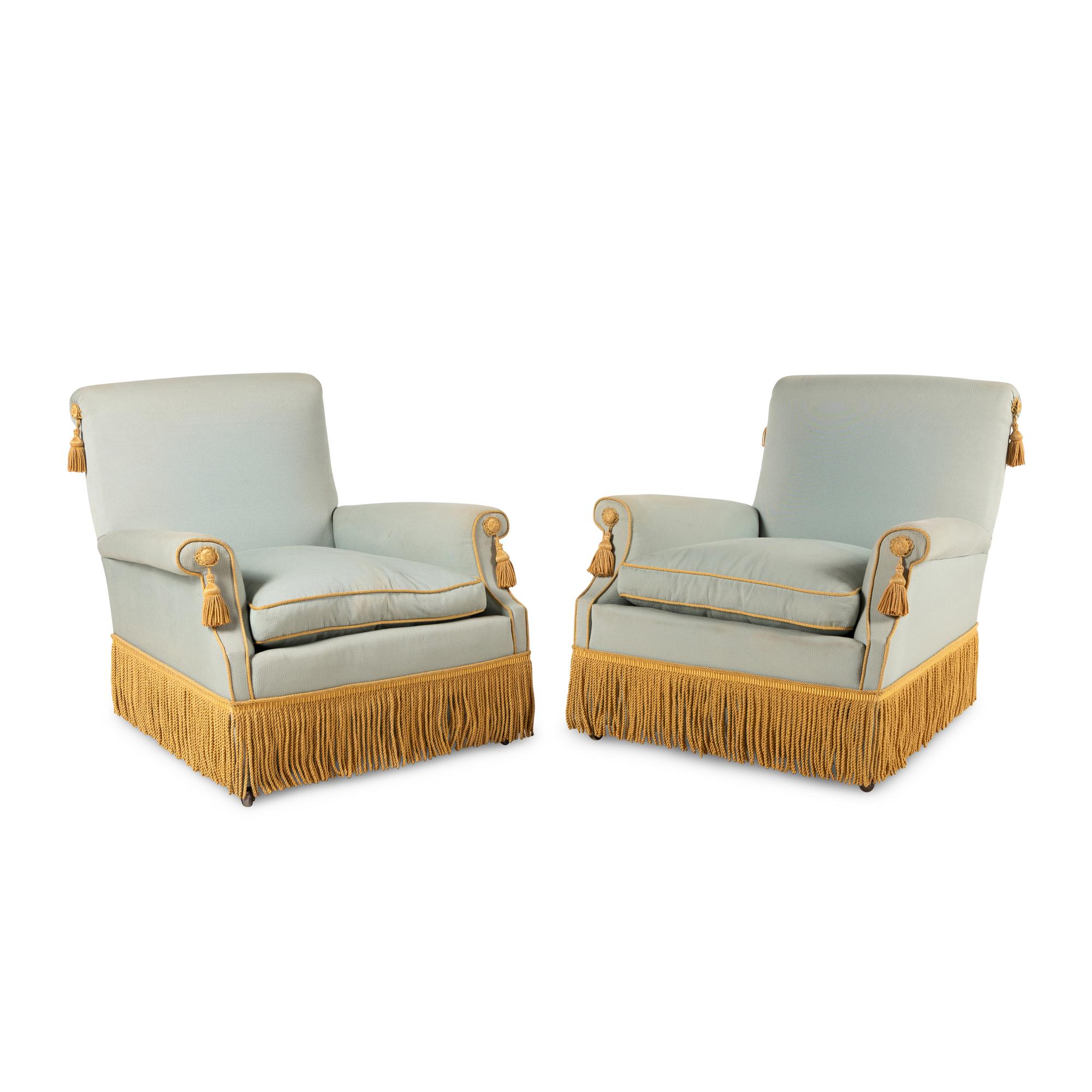 A Pair of Silk-Upholstered Easy Chairs with Buillon Fringe