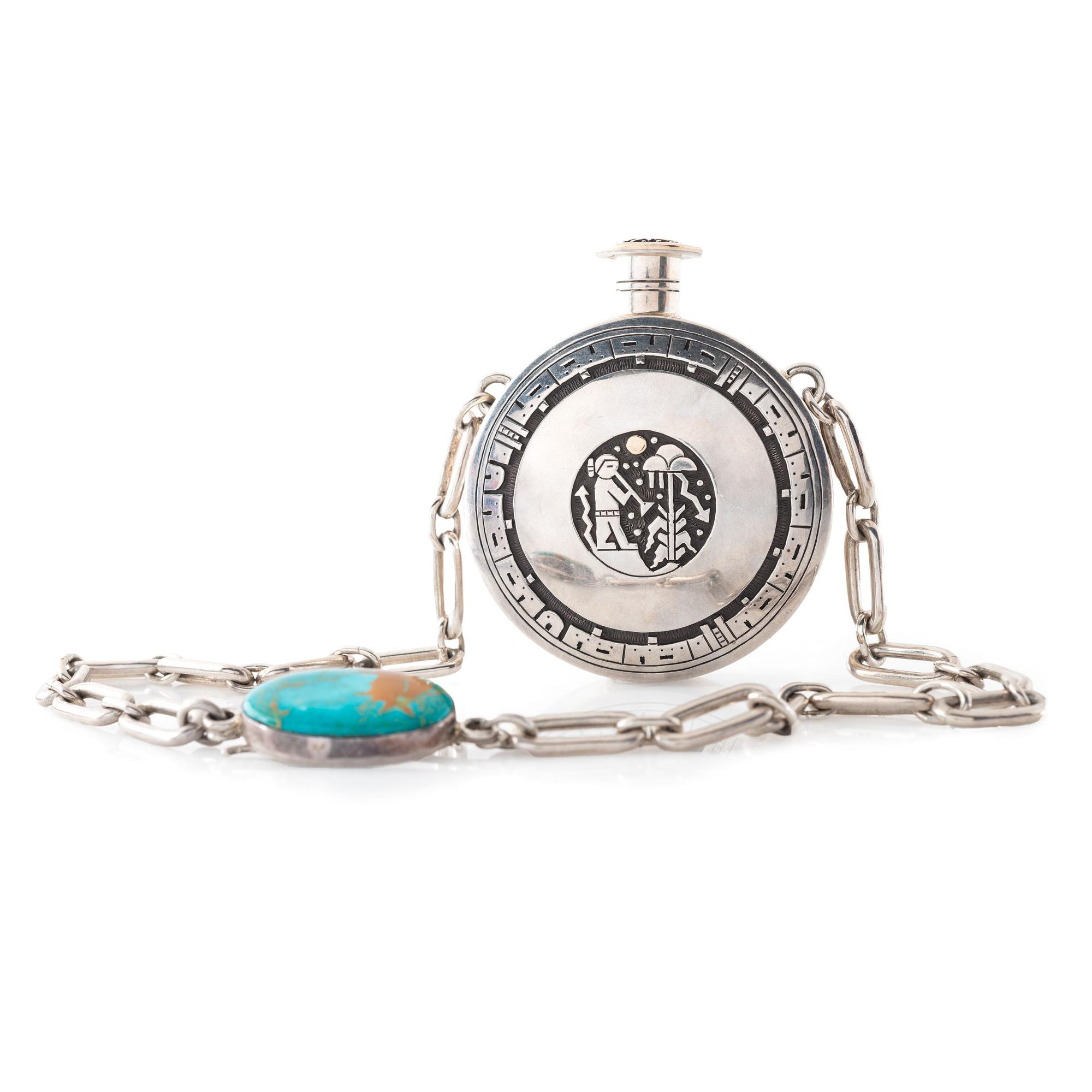 Sterling Silver Overlay Storyteller Canteen, with 14K Gold and Royston Turquoise Accents