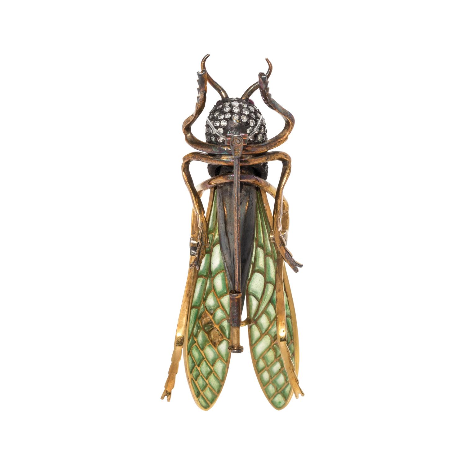 EVELYN CLOTHIER, DIAMOND, PLIQUE-À-JOUR ENAMEL AND CULTURED PEARL GRASSHOPPER BROOCH