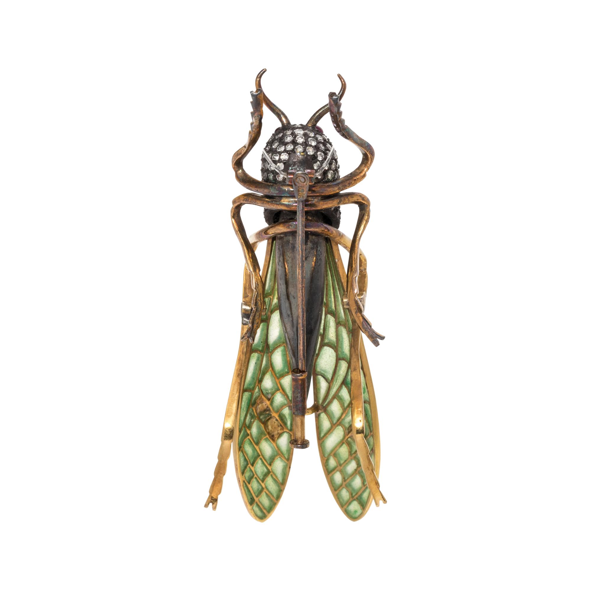 EVELYN CLOTHIER, DIAMOND, PLIQUE-À-JOUR ENAMEL AND CULTURED PEARL GRASSHOPPER BROOCH