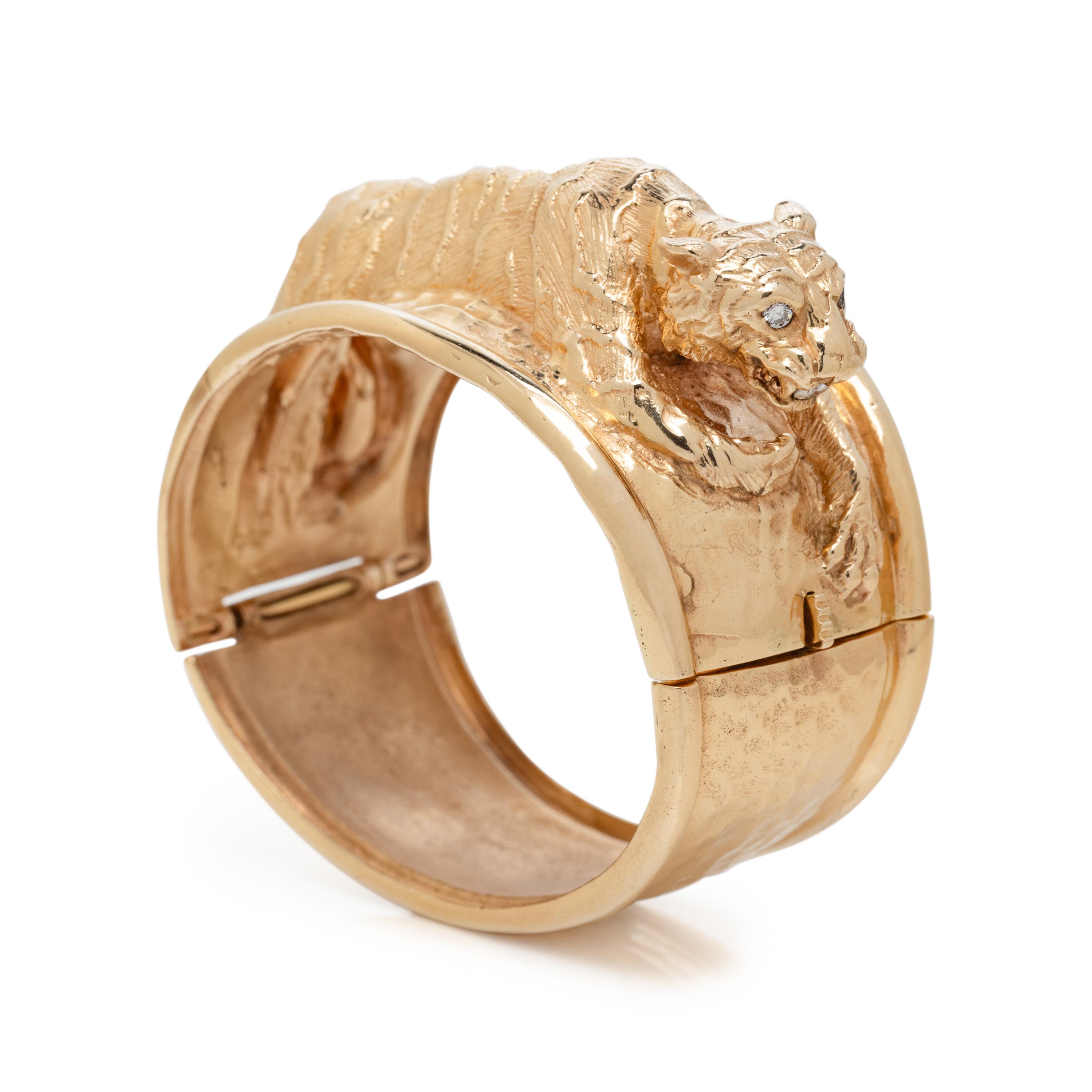 YELLOW GOLD AND DIAMOND TIGER BANGLE BRACELET