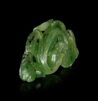 A Spinach Green Jade 'Goose and Lotus' Carving