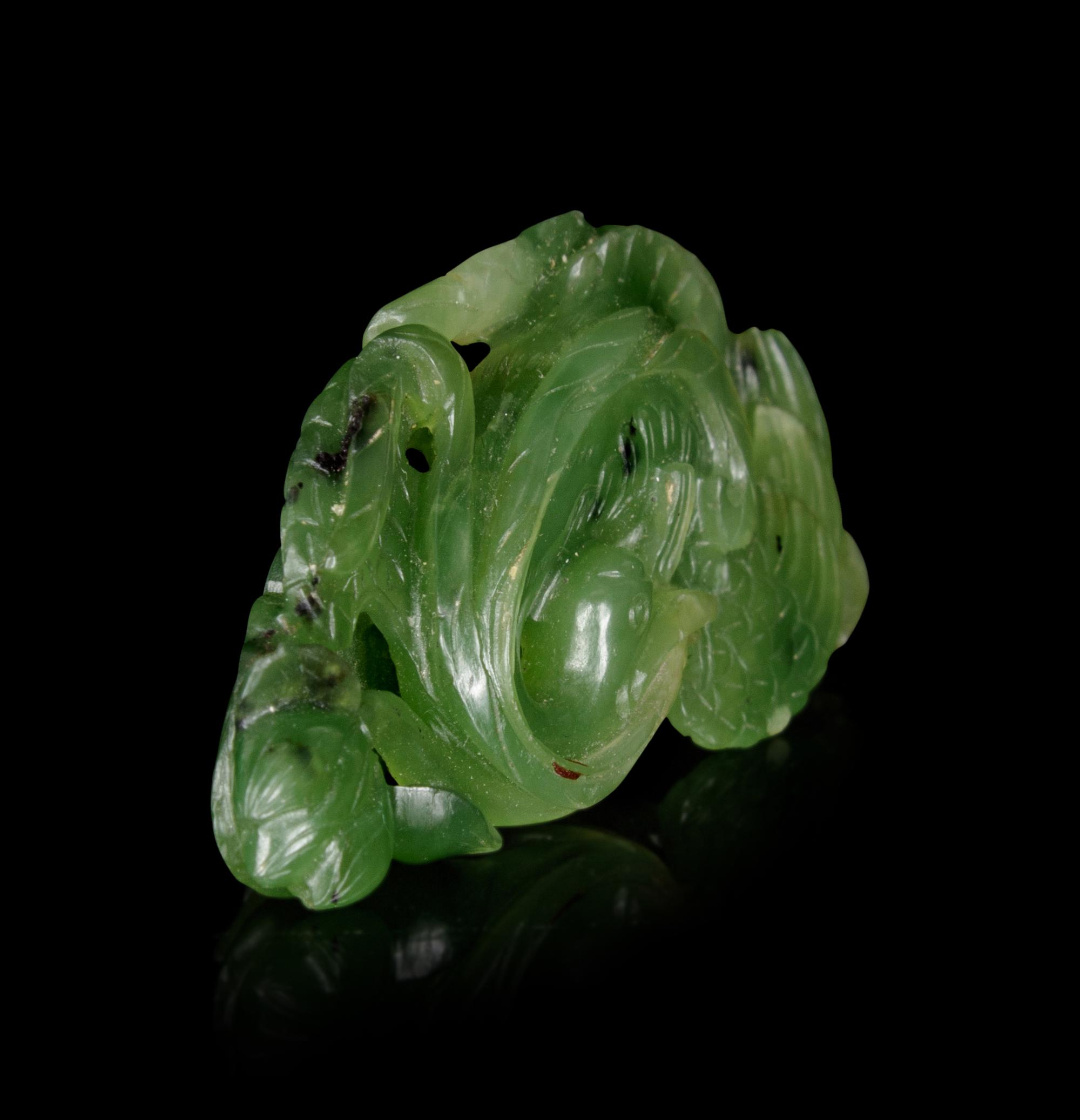 A Spinach Green Jade 'Goose and Lotus' Carving